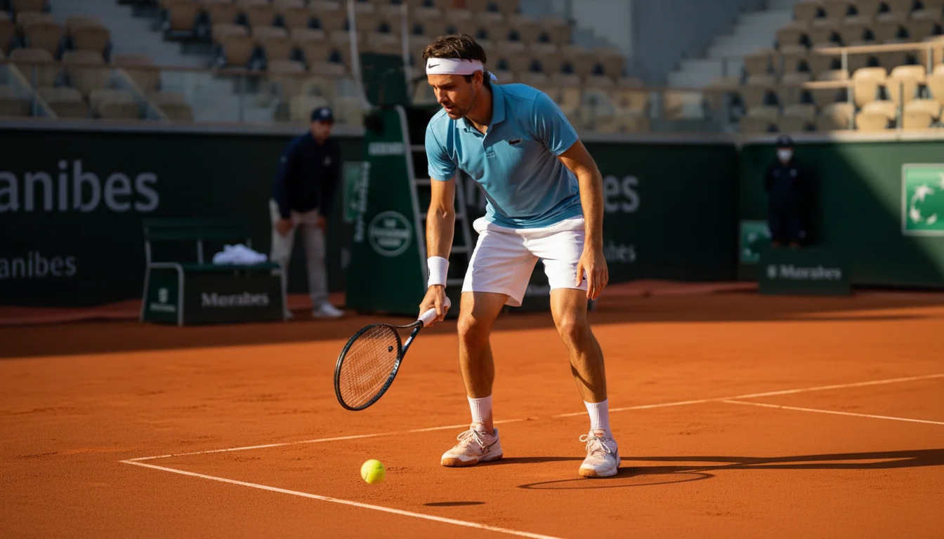 Joueur de tennis concentré avant un service sur court de terre battue