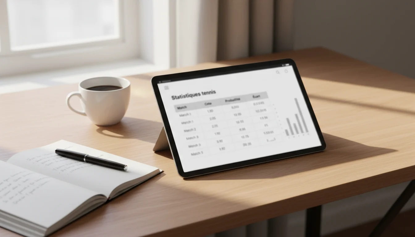Ecran de tablette affichant des statistiques de tennis avec un carnet de notes et un stylo sur un bureau en bois