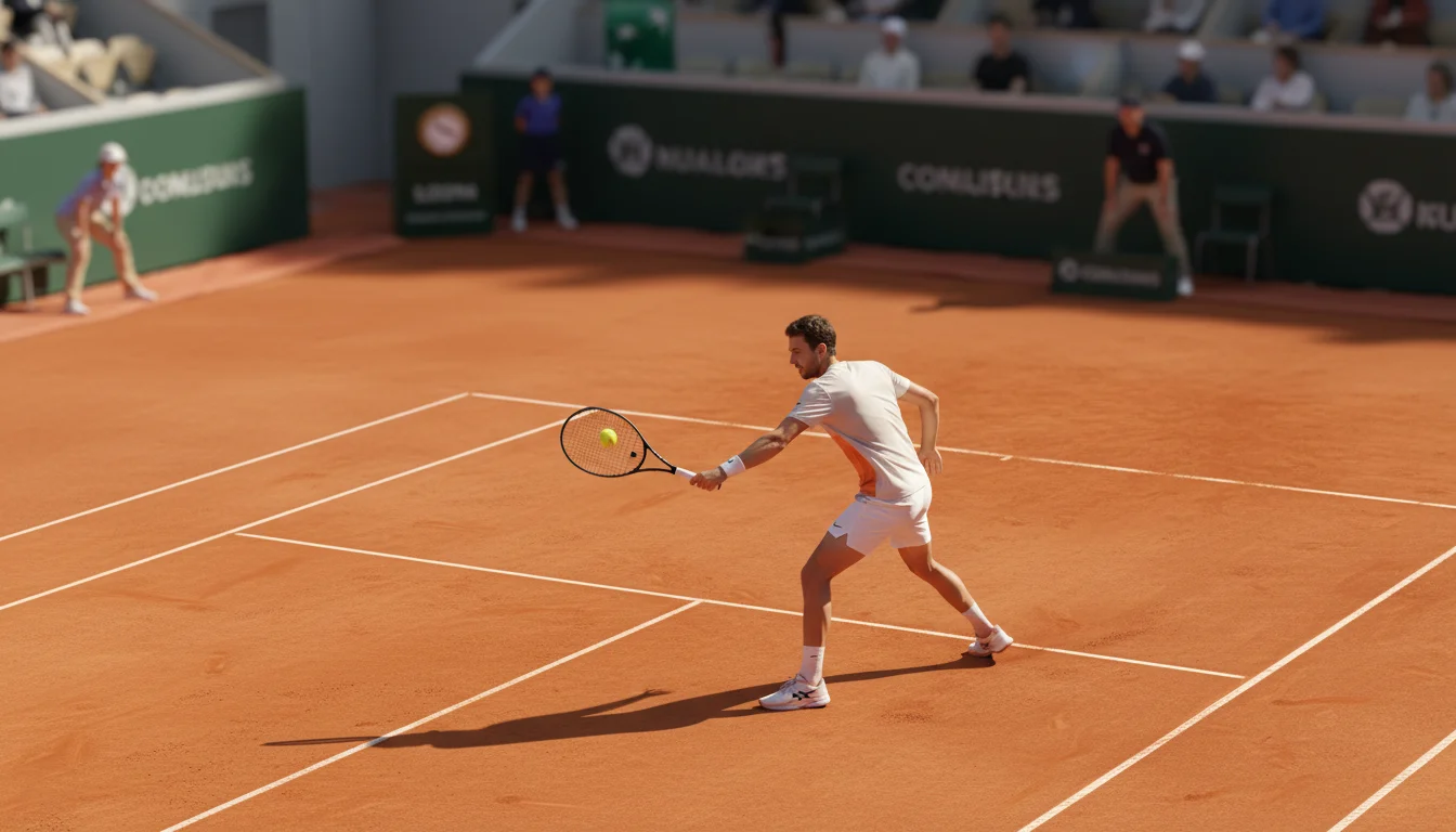Analyse d'un match de tennis : joueur sur terre battue vu depuis les tribunes