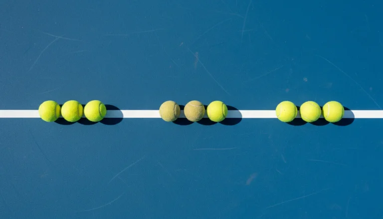 Court de tennis vu de haut avec des balles positionnées comme des options de choix