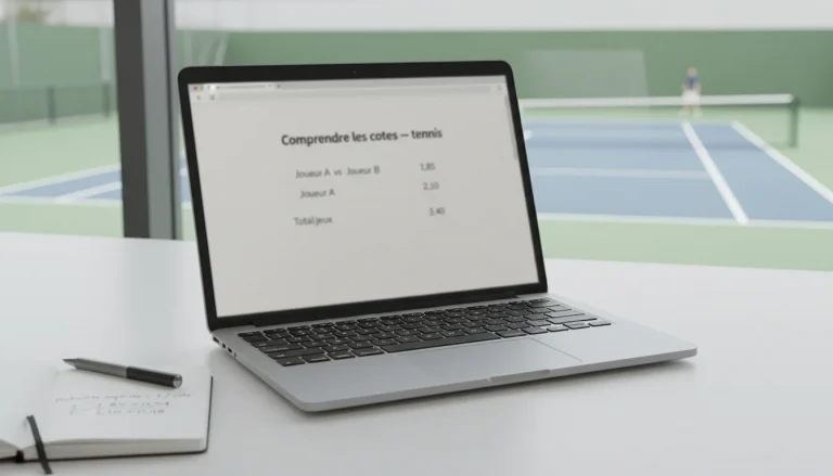 Écran affichant des cotes de tennis avec un court en arrière-plan flou