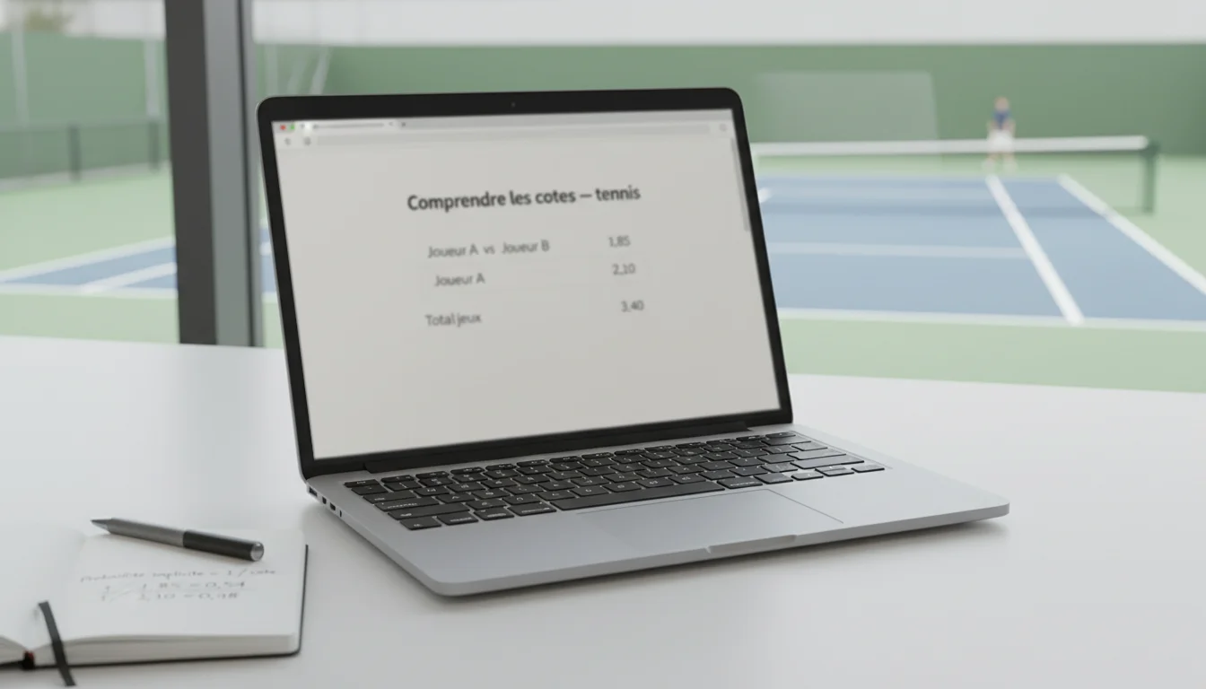 Écran affichant des cotes de tennis avec un court en arrière-plan flou