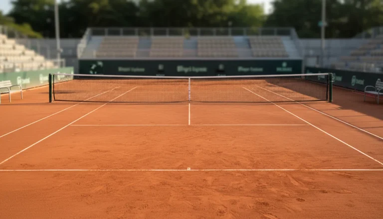 Court de tennis en terre battue eclaire par le soleil avec lignes blanches nettes et filet au centre