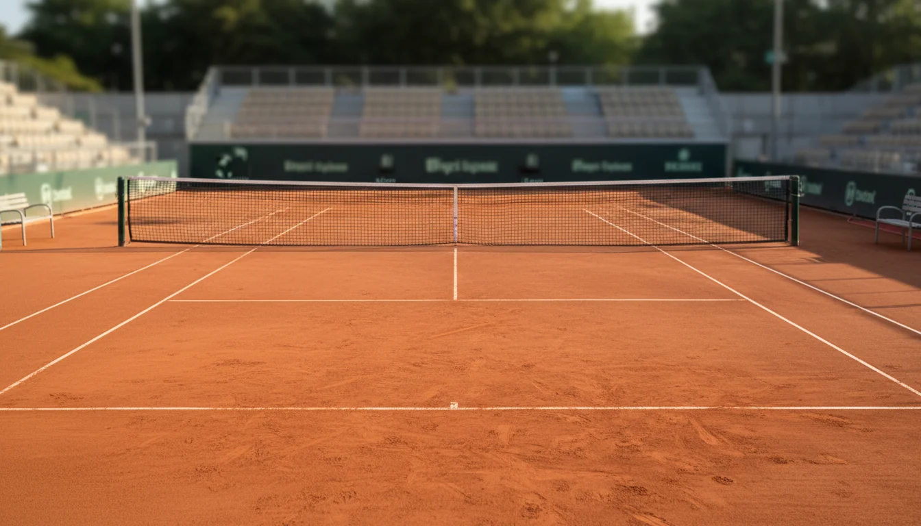 Court de tennis en terre battue eclaire par le soleil avec lignes blanches nettes et filet au centre