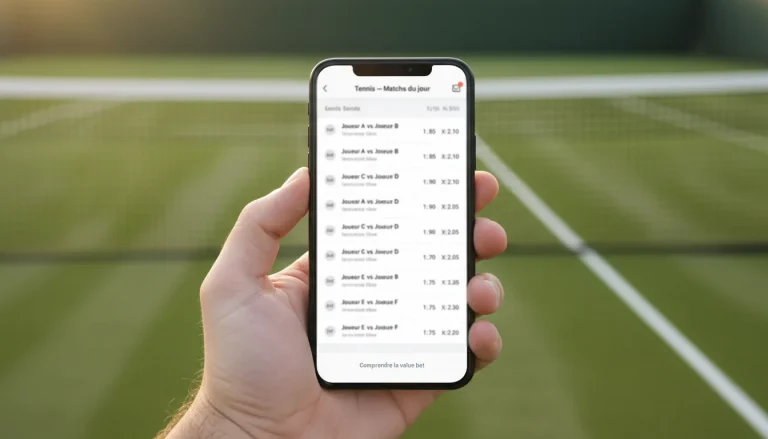 Cotes tennis : gros plan sur un écran affichant des cotes avec un court en arrière-plan
