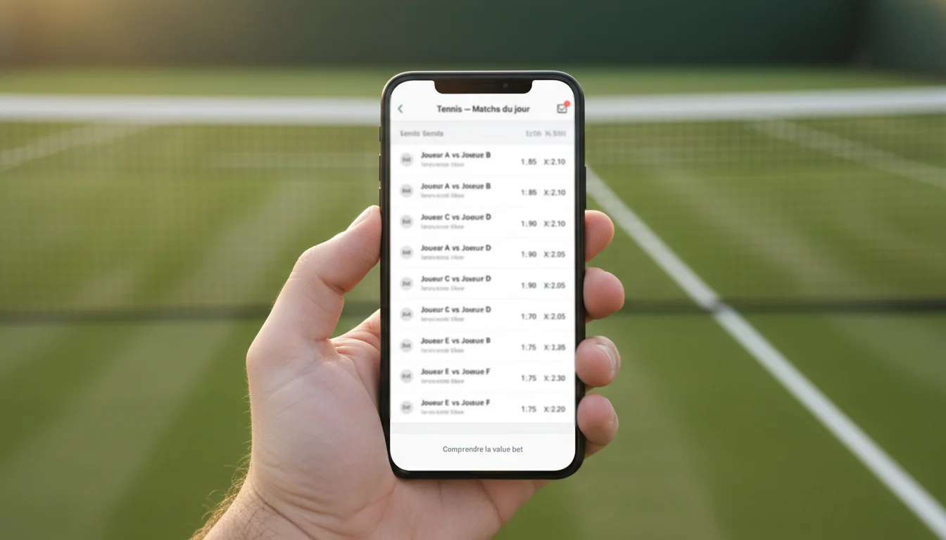 Cotes tennis : gros plan sur un écran affichant des cotes avec un court en arrière-plan
