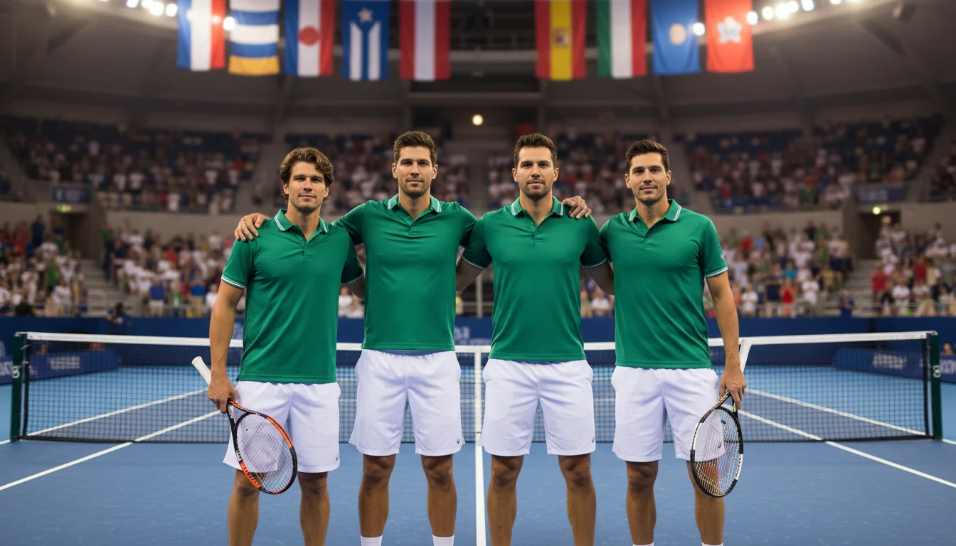 Équipe de tennis célébrant une victoire en Coupe Davis sur le court