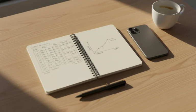 Carnet de suivi de paris sportifs ouvert sur un bureau avec stylo