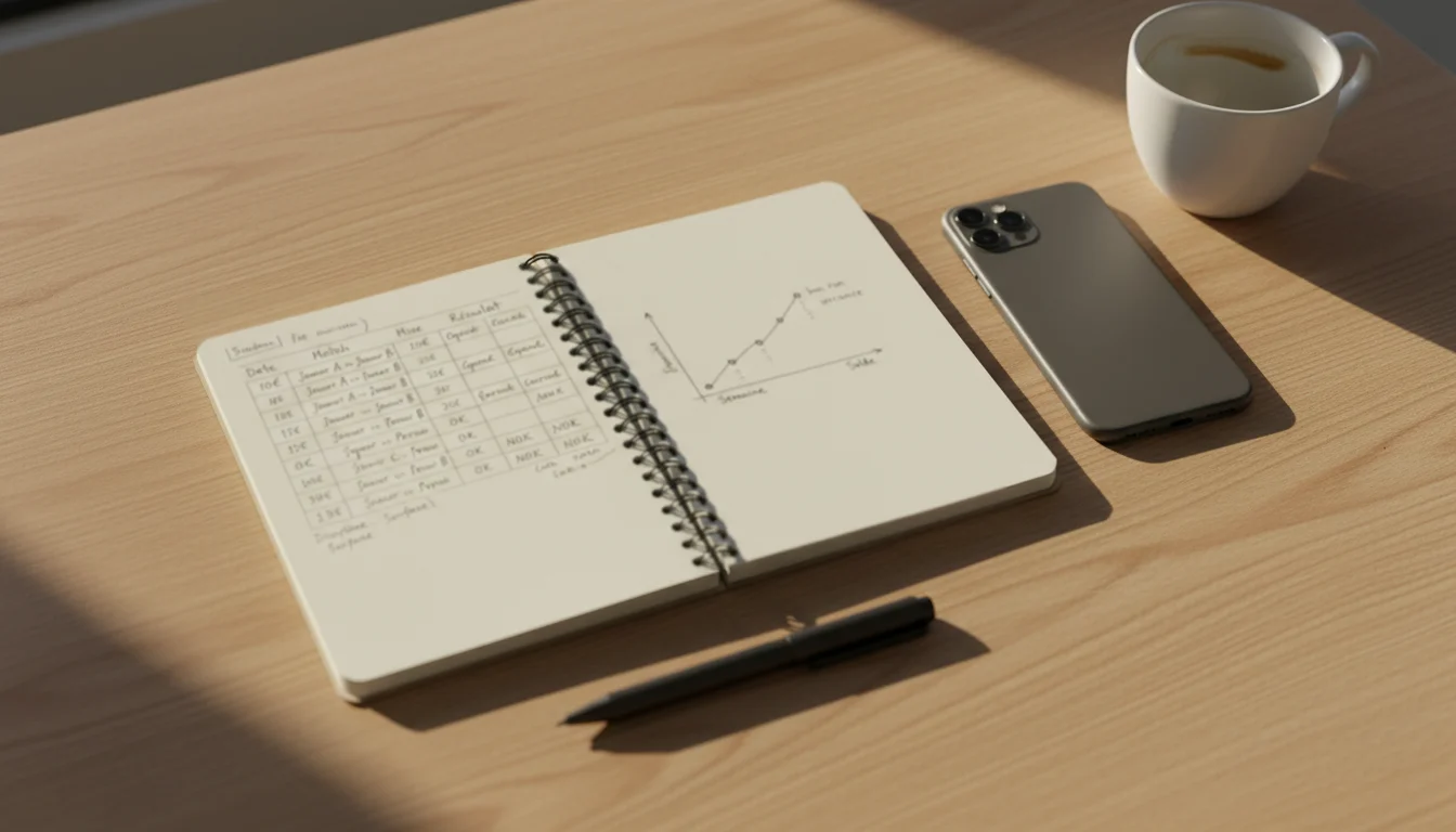 Carnet ouvert avec colonnes de chiffres et un graphique trace a la main montrant une courbe de progression