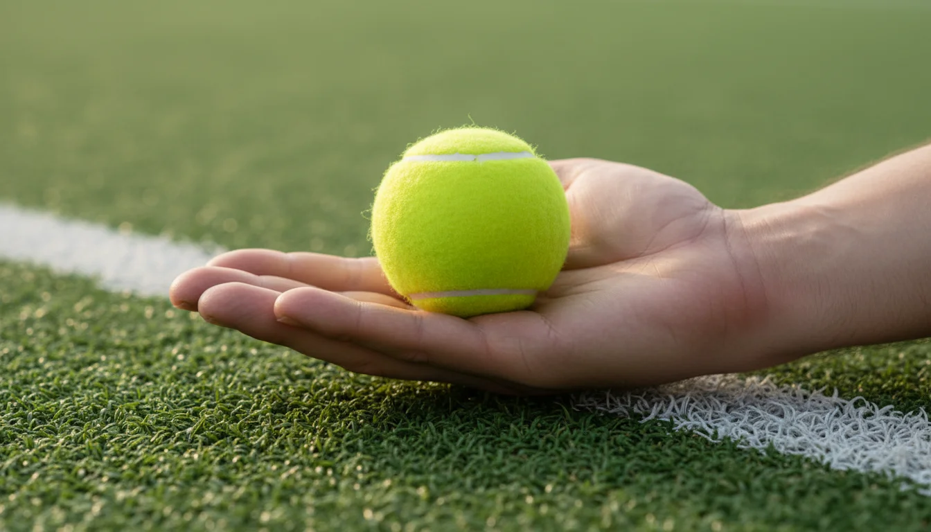 Main posée sur un court de tennis symbolisant une pause et le contrôle de soi