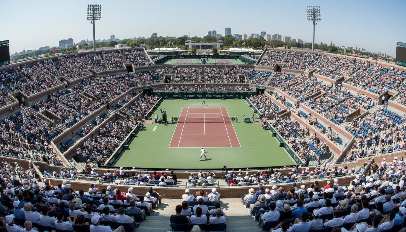 Stade de tennis lors d'un tournoi Masters 1000 vu depuis les tribunes