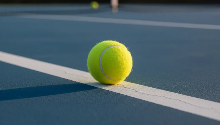 Balle de tennis sur la ligne d'un court en dur vue en gros plan