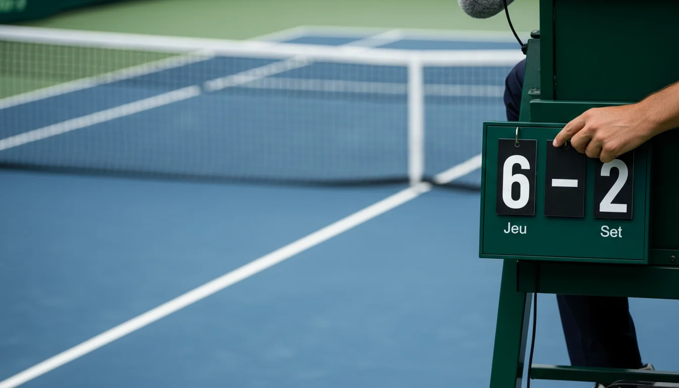 Tableau de score de tennis affichant un écart de jeux sur un court