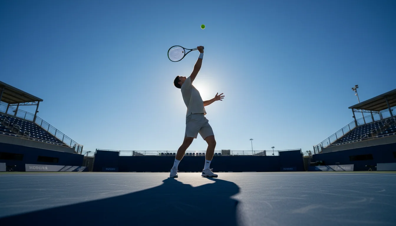Joueur de tennis au moment du service vu en contre-plongée