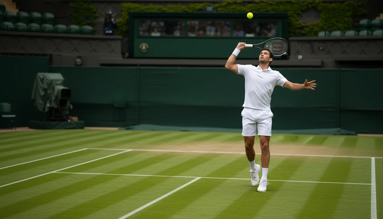 Court de gazon de Wimbledon avec un joueur au service