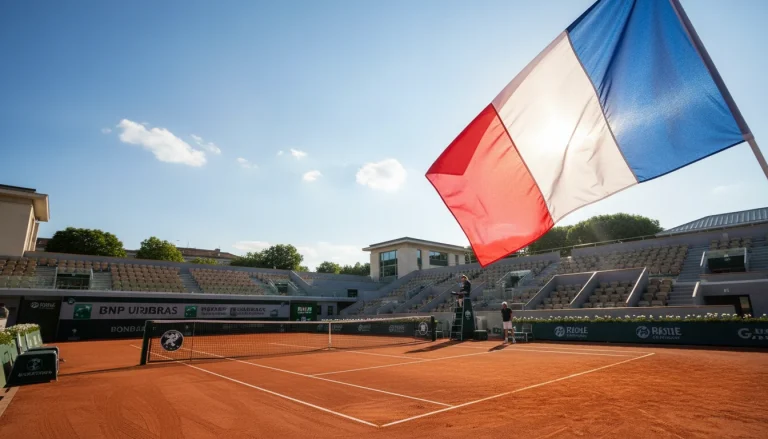 Joueur de tennis sur un court avec un drapeau français en arrière-plan