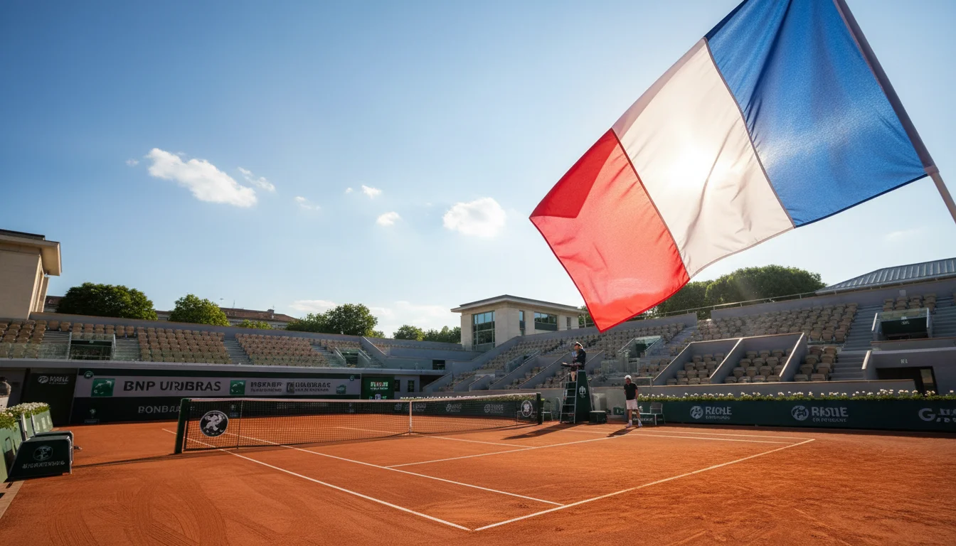 Joueur de tennis sur un court avec un drapeau français en arrière-plan