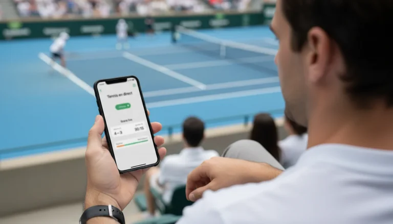 Joueur de tennis en plein échange sur court en dur vu depuis les tribunes