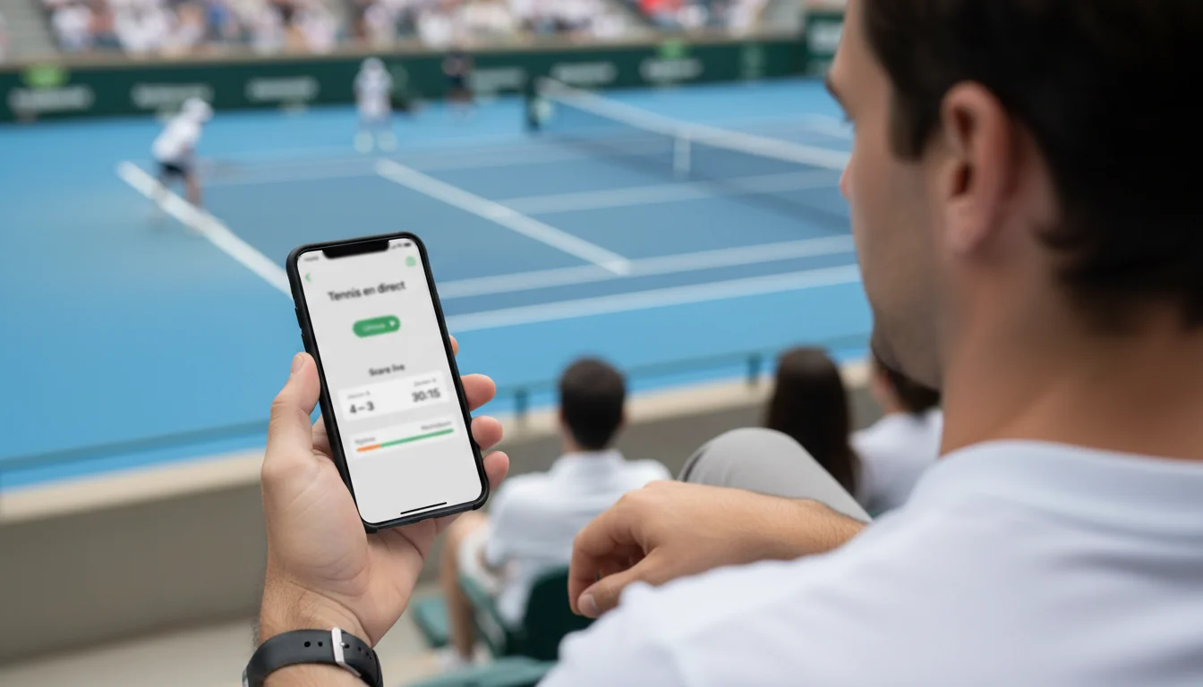 Joueur de tennis en plein échange sur court en dur vu depuis les tribunes