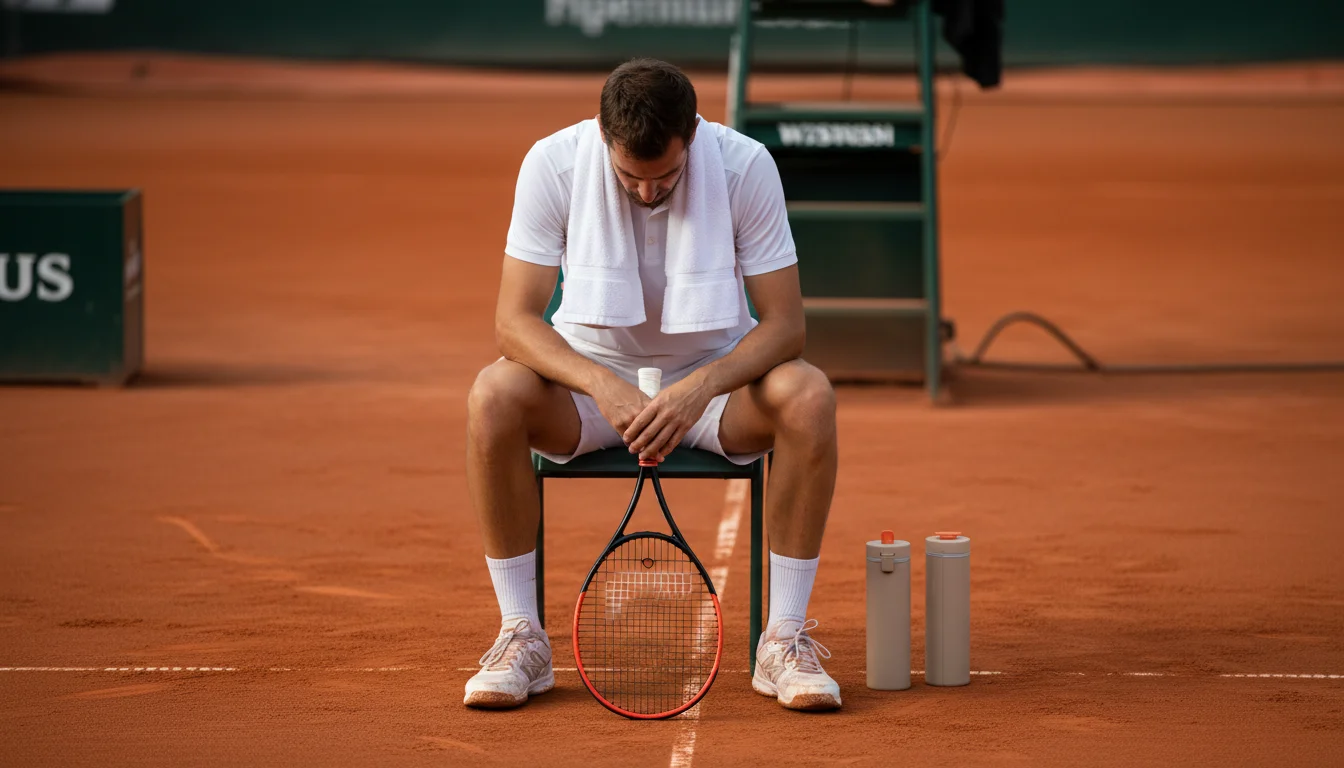 Joueur de tennis assis sur sa chaise entre deux sets, tête baissée