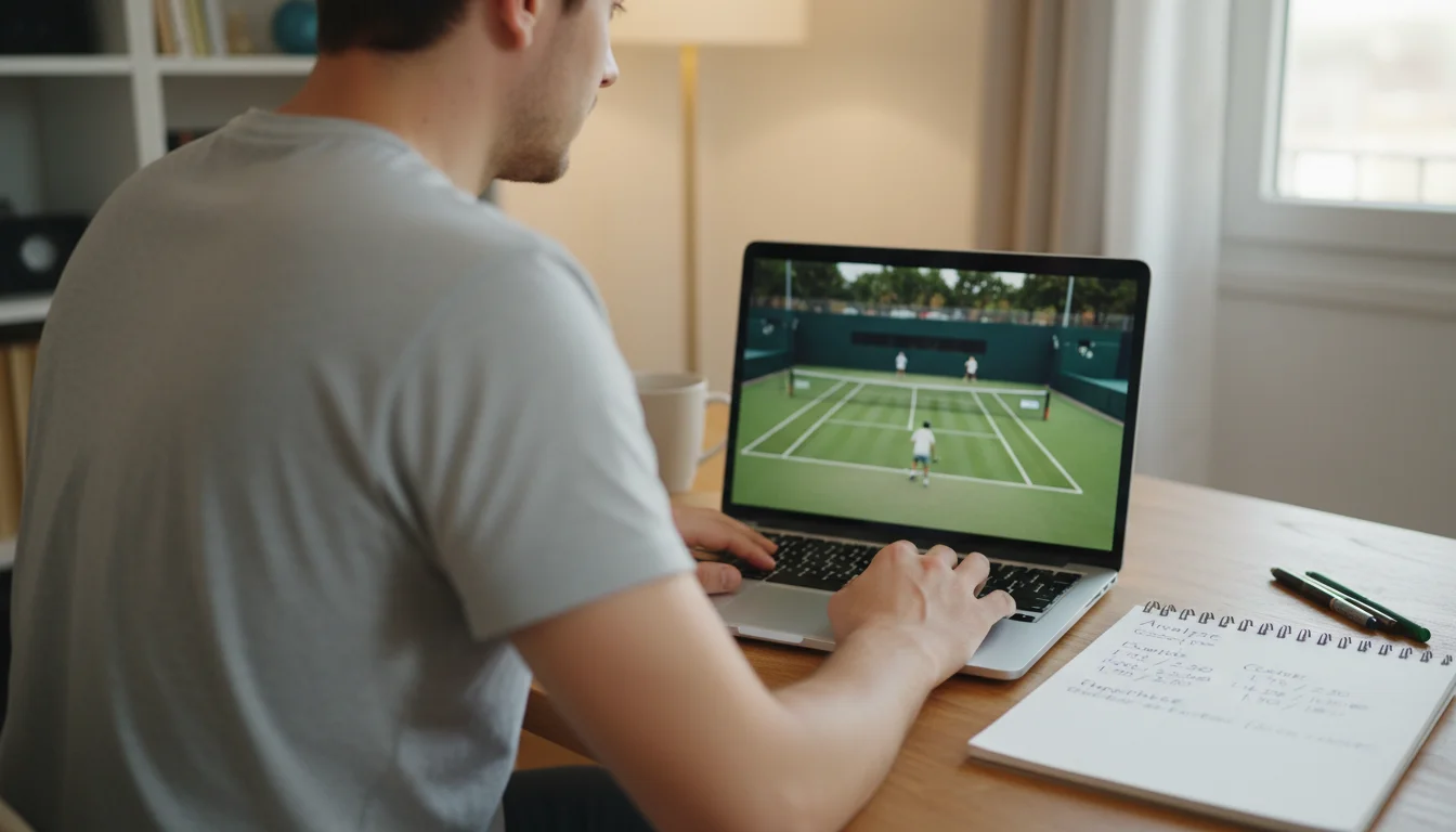 Personne assise devant un ordinateur portable avec un match de tennis en direct a l'ecran et un carnet ouvert