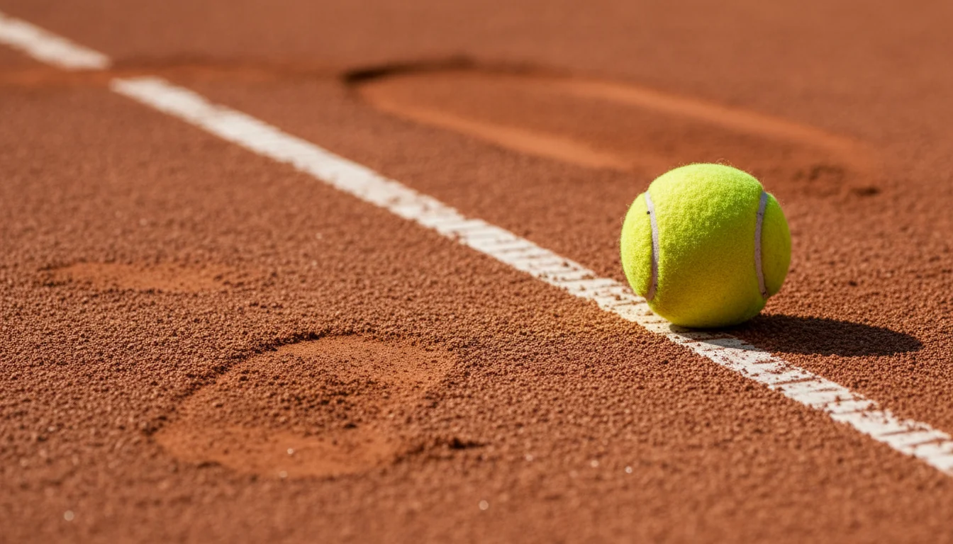 Vue rapprochee de la surface en terre battue d'un court de tennis avec les traces de pas d'un joueur
