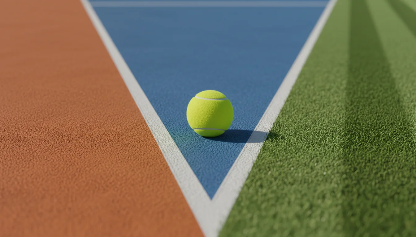Vue partagée de trois surfaces de tennis : terre battue, dur et gazon