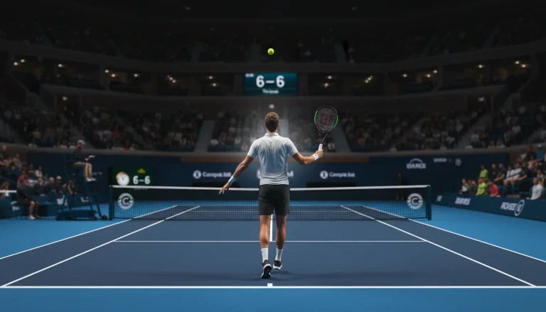 Joueur de tennis servant lors d'un tie-break décisif sur court en dur