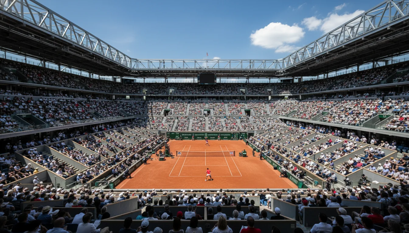 Tribunes d'un grand tournoi de tennis avec spectateurs regardant un match sur court en terre battue