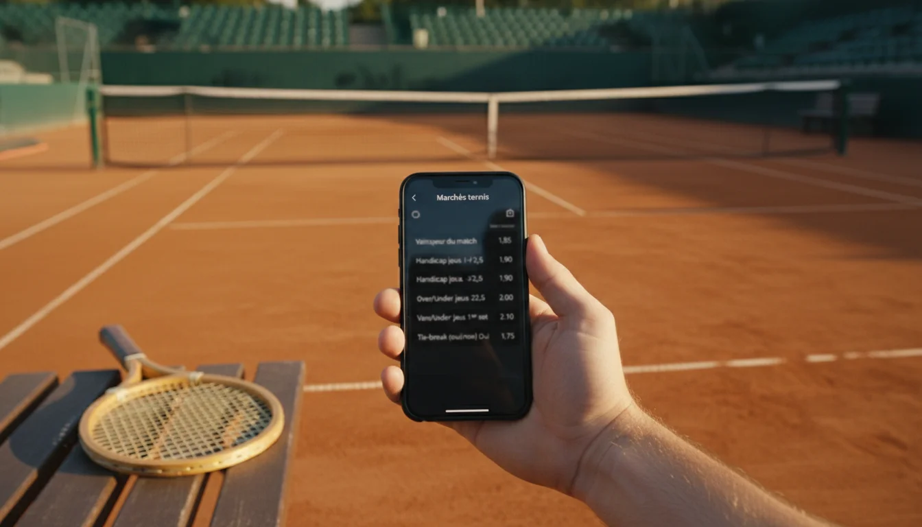 Types de paris tennis : vue d'un court avec tableau des marchés de paris
