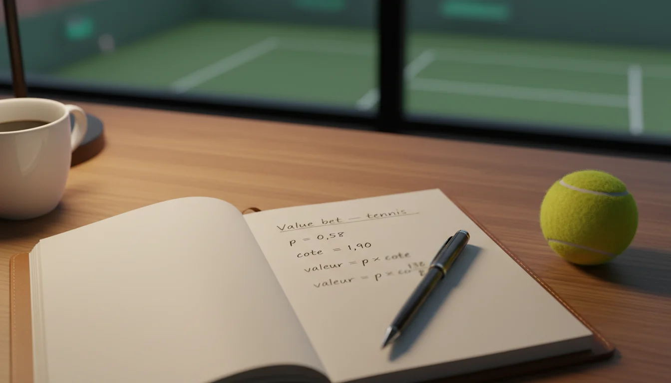 Carnet de notes avec calculs de value bet posé au bord d'un court de tennis